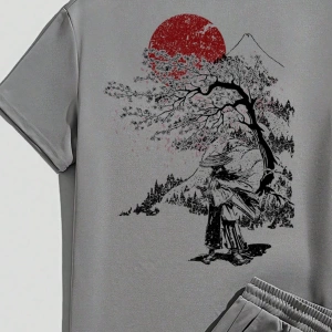 Samurai Sakura Japon Tarzı Grafik Baskılı Rahat Tişört Seti Erkekler İ