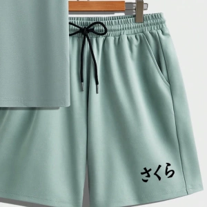 Samurai Sakura Japon Tarzı Grafik Baskılı Rahat Tişört Seti Erkekler İ