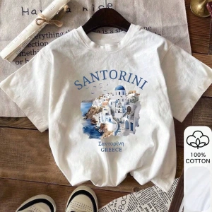 SANTORINI & Castle Baskı, Yaz Kadın %100 Pamuklu Kısa Kollu, Beyaz Kısa Kollu, Grafik Tişörtl