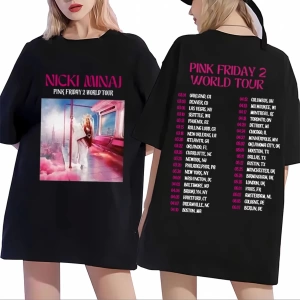 Şarkıcı Nicki Minaj Pembe Cuma 2 Dünya Turu Grafik T Shirt Erkek Kadın vintage Hip Hop Kısa K