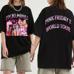 Şarkıcı Nicki Minaj Pembe Cuma 2 Dünya Turu Grafik T Shirt Erkek Kadın vintage Hip Hop Kısa K
