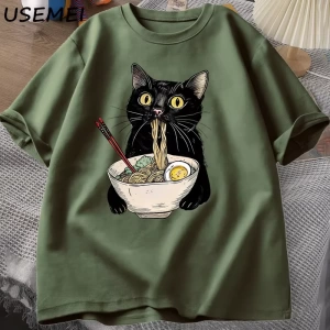 Şehriye Ramen Kedi T-Shirt Foodie Lover T Shirt Siyah Kedi Şehriye T-Shirt Retro Rahat Kısa K 2809