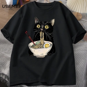 Şehriye Ramen Kedi T-Shirt Foodie Lover T Shirt Siyah Kedi Şehriye T-Shirt Retro Rahat Kısa K 2809