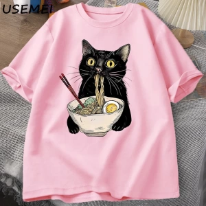 Şehriye Ramen Kedi T-Shirt Foodie Lover T Shirt Siyah Kedi Şehriye T-Shirt Retro Rahat Kısa K 2809