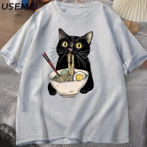Şehriye Ramen Kedi T-Shirt Foodie Lover T Shirt Siyah Kedi Şehriye T-Shirt Retro Rahat Kısa K 2809