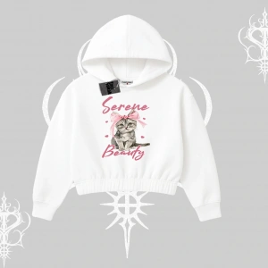 Serene Beauty Kedi Baskılı  Kapşonlu Crop Sweatshirt