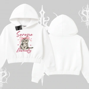 Serene Beauty Kedi Baskılı  Kapşonlu Crop Sweatshirt