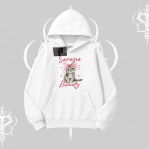 Serene Beauty Kedi Baskılı  Kapşonlu Sweatshirt
