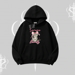 Serene Beauty Kedi Baskılı  Kapşonlu Sweatshirt