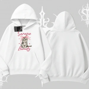 Serene Beauty Kedi Baskılı  Kapşonlu Sweatshirt