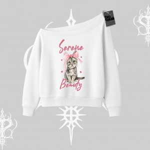 Serene Beauty Kedi Baskılı  Kayık Yaka Sweatshirt