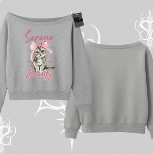 Serene Beauty Kedi Baskılı  Kayık Yaka Sweatshirt