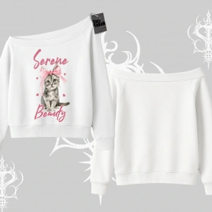 Serene Beauty Kedi Baskılı  Kayık Yaka Sweatshirt