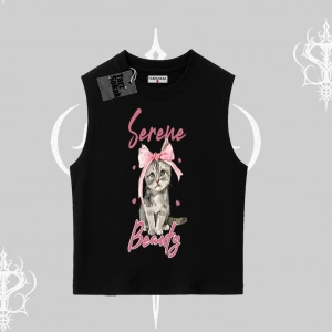 Serene Beauty Kedi Baskılı  Kolsuz Tshirt