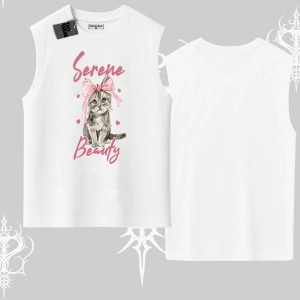 Serene Beauty Kedi Baskılı  Kolsuz Tshirt