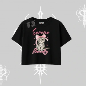 Serene Beauty Kedi Baskılı  Oversize Crop Tshirt