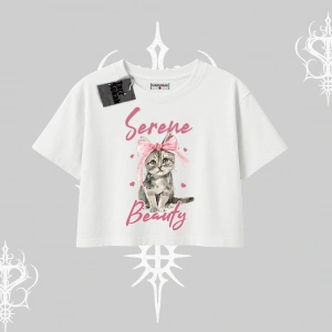 Serene Beauty Kedi Baskılı  Oversize Crop Tshirt
