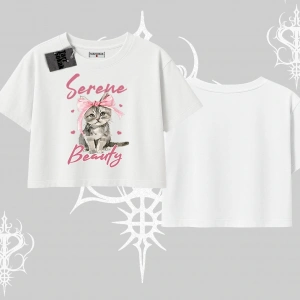 Serene Beauty Kedi Baskılı  Oversize Crop Tshirt