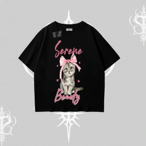 Serene Beauty Kedi Baskılı  Oversize Tshirt