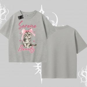 Serene Beauty Kedi Baskılı  Oversize Tshirt