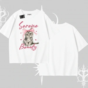 Serene Beauty Kedi Baskılı  Oversize Tshirt