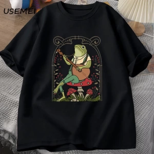 Sevimli Cottagecore kurbağa oynayan Banjo T Shirt erkek kadın pamuk komik mantar core core T  2844