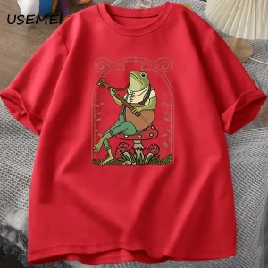 Sevimli Cottagecore kurbağa oynayan Banjo T Shirt erkek kadın pamuk komik mantar core core T  2844