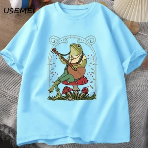 Sevimli Cottagecore kurbağa oynayan Banjo T Shirt erkek kadın pamuk komik mantar core core T  2844