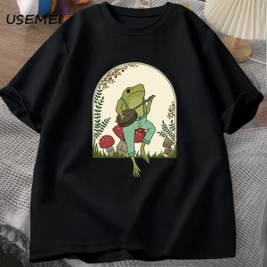 Sevimli Cottagecore T-shirt Estetik Kurbağa Mantar üzerinde Banjo Oynarken TErkekler  2827