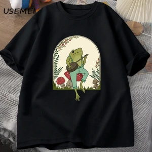 Sevimli Cottagecore T-shirt Estetik Kurbağa Mantar üzerinde Banjo Oynarken TErkekler 2827