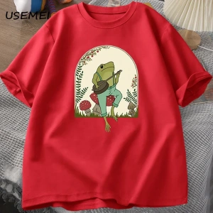 Sevimli Cottagecore T-shirt Estetik Kurbağa Mantar üzerinde Banjo Oynarken TErkekler  2827