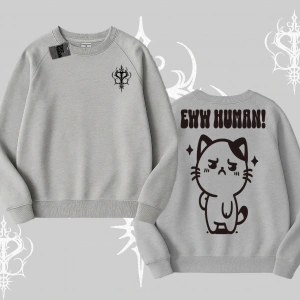 Sevimli Kedi Çizimli Arka Baskılı Biskilet Sweatshirt