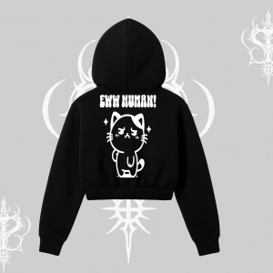 Sevimli Kedi Çizimli Arka Baskılı Kapşonlu Crop Sweatshirt