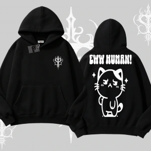 Sevimli Kedi Çizimli Arka Baskılı Kapşonlu Sweatshirt