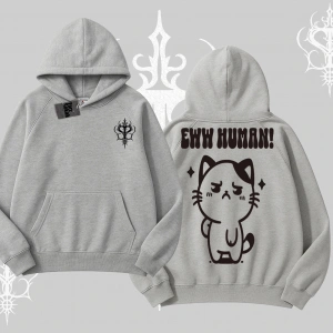 Sevimli Kedi Çizimli Arka Baskılı Kapşonlu Sweatshirt