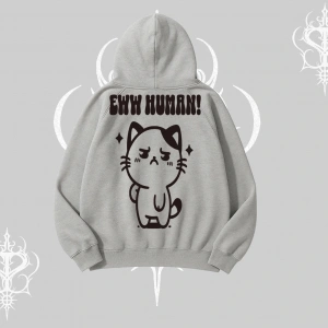 Sevimli Kedi Çizimli Arka Baskılı Kapşonlu Sweatshirt