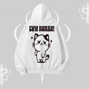 Sevimli Kedi Çizimli Arka Baskılı Kapşonlu Sweatshirt