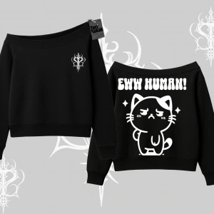 Sevimli Kedi Çizimli Arka Baskılı Kayık Yaka Sweatshirt
