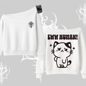Sevimli Kedi Çizimli Arka Baskılı Kayık Yaka Sweatshirt