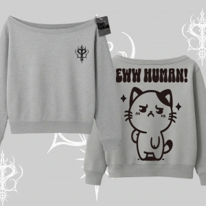 Sevimli Kedi Çizimli Arka Baskılı Kayık Yaka Sweatshirt