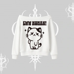 Sevimli Kedi Çizimli Arka Baskılı Kayık Yaka Sweatshirt