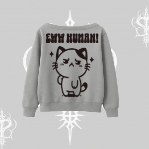 Sevimli Kedi Çizimli Arka Baskılı Kayık Yaka Sweatshirt