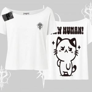 Sevimli Kedi Çizimli Arka Baskılı Kayık Yaka Tshirt