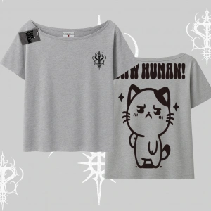 Sevimli Kedi Çizimli Arka Baskılı Kayık Yaka Tshirt