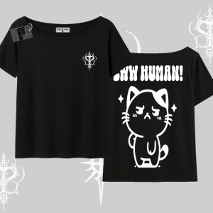 Sevimli Kedi Çizimli Arka Baskılı Kayık Yaka Tshirt