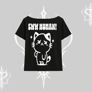 Sevimli Kedi Çizimli Arka Baskılı Kayık Yaka Tshirt