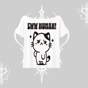 Sevimli Kedi Çizimli Arka Baskılı Kayık Yaka Tshirt