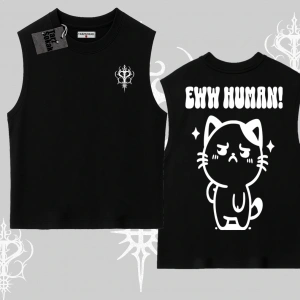 Sevimli Kedi Çizimli Arka Baskılı Kolsuz Tshirt