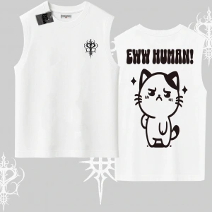 Sevimli Kedi Çizimli Arka Baskılı Kolsuz Tshirt