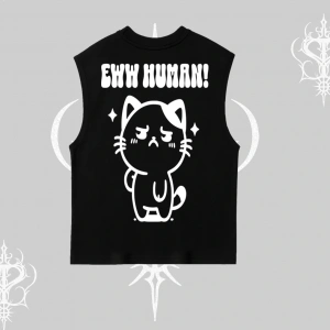 Sevimli Kedi Çizimli Arka Baskılı Kolsuz Tshirt